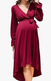 NWT  Burgundy V-Neck Wrap Long Sleeve Maternity Dress Size Medium