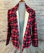 Lucky Brand Lined Shacket Plaid Flannel Button Down Red Black Womens Size XL NWT