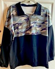 CAMO AND BLACK 1/4 ZIP PULLOVER WITH KANGAROO POCKETS