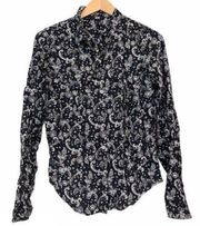 PAIGE Black Blue White Paisley Print Long Sleeve Lightweight Rayon Button Down