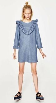 ZARA  Trafaluc Chambray Blue Denim Ruffle Mini Dress