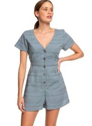 Roxy Blue Striped Button Front Romper Size Medium M