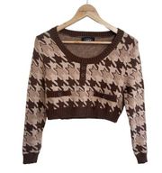 Cider Brown Houndstooth Long Sleeve Cropped Womens M Knit Scoop Neck Sweater