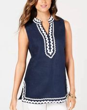 Ric-Rac-Trim Linen Tunic Navy, Size Petite Medium