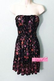 Mango Strapless Black Pink Floral Paisley Tie Ruched Smocked Tube Mini Dress XS