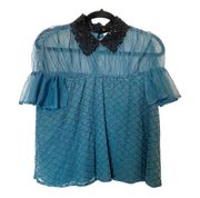 Tularosa Teal Textured Blouse Size XS Aritzia Dark Academia Sheer Tulle Lace