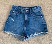 Primark high rise blue distressed jean shorts in size 0