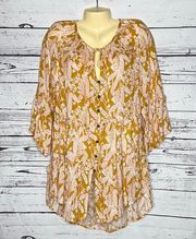 Rachael Zoe NWT Size M Golden & Pink Floral Keyhole Button Tunic Peasant Shirt
