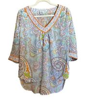 Gretchen Scott Top Womens Small Multicolor Paisley Print Sheer V Neck Blouse