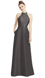 Alfred Sung D772 Caviar Gray High Neck Satin Twill Halter Dress w/Pockets—Size 2