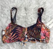 NEW Social Angel Palm Leaf Floral Bikini Top Swim Lace Up Navy Orange Pink XS