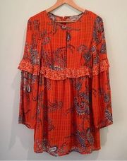 NWT Wonderly Bohemian Burnt Ochre Print Ruffle Dress Small S