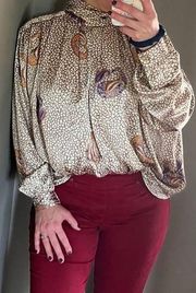 Womens Vintage high neck Nicola Paisley print blouse/top/shirt Size 14