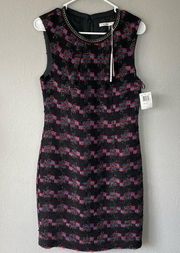 Trina Turk Multicolor Dress 8 Tweed Sleeveless Midi Career Split Seam Chain