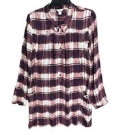 Garnet Hill Womens Plaid Crepe Tunic Top 6 Brown White Long Sleeve Half Button