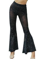 high waist small black sheer mesh studded flare leg pant club rave P2 4559