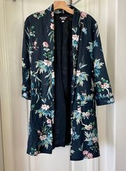 Workshop Dark Blue Floral Print Long Heavy Linen Jacket Size Small