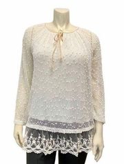 EASEL Med White Lace Peplum Blouse Swiss Dot Top