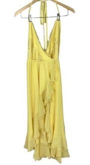 Dress The Population Chiffon Wrap High Low Lace Trim Gown Yellow Small