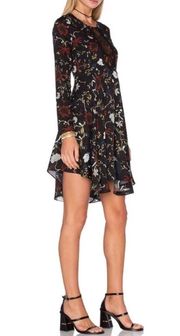 A.L.C. Cynthia Long-Sleeve Floral Silk A-Line Dress in Black Size 2