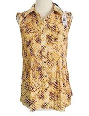 NWT Tahari Careerwear Button Up Pleated Collared Sleeveless Blouse Gold XS JL23