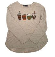 State Of Mine Womens Coffee Shirt Graphic Long Sleeve Pullover Tan Size Large