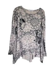 Peruvian Connection Top Women XS Tan Black Floral Flowy Pima Cotton Modal Shirt