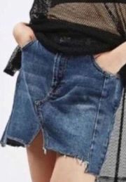 Topshop Size 10 Denim Blue Jean Moto Skirt Front Cut Out Slit Frayed Hem