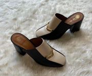 Equestrian Link Leather High Heeled Mules Cream Black Gold 6.5M