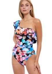 New! Profile by Gottex Color Rush Black Ruffle One Shoulder One Piece Swimsuit