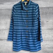 Matilda Jane Fall Breeze Blue Stripe Jacket M Gold Buttons Mid Length Stretch