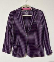 SO Women's Jr Sz L Navy Pink Striped Button Front collared blazer pockets