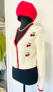 Women's Cream and Red Cardigan/ Cherry Size Small