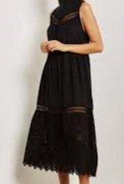 Topshop Womens Black High Neck Size 10 Broderie Tiered Maxi Dress