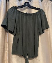 Green off the shoulder shirt with tie in front