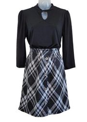 Adrienne Vittadini Keyhole Dress Black White Plaid Button Work Wear Size Small