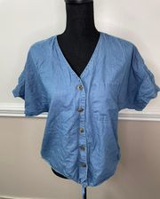 Chambray Tie Front Button Up Blouse Size Medium