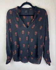 A.L.C. For Barney’s NY, 100% Silk V Neck Blouse Black Brown and Pink size 4