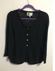 Women Habitat Linen Blend Cardigan Sweater Button Front 3/4 Sleeve Black Knit L