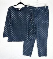 J. Crew Anchor Silk Two Piece Long Sleeve Pants Set Size 8 Navy Blue Nautical