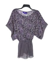 Purples, Gray, White, Black Paisleys Flowers Stars Print Peplum Sheer Blouse Wm XL