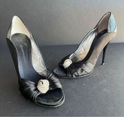 GIUSEPPE ZANOTTI | Black Satin Crystal Knot Peep Toe Heels Sz 37.5