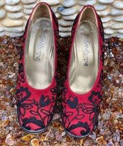 YSL Yves Saint Laurent Red and Black Suede Pumps w/Floral Embroidery. Sz 7.5.