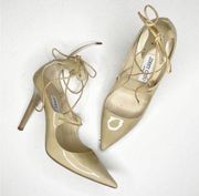 Jimmy Choo Hoops Lace Up Pumps Patent Leather Cream Pointed Toe Size 36.5 US 6.5