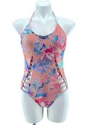 No Boundaries Rose Mist Tropical Palm Floral Cutout One Piece Swimsuit Large