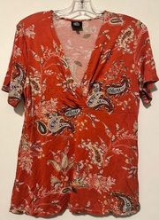 Bobeau orange paisley short sleeve vneck shirt size XL