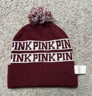 PINK Victoria Secret hat beanie Pom Pom burgundy white logo NEW NWT