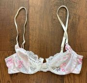 vintage pink floral and white lace bra, 36B