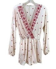 Chloe & Katie Boho Floral Cream/Red V-Neck Long Sleeve Romper