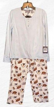 BearPaw 2-Piece Pajamas Set Camping Print Lightweight Flannel Sleep Pants Medium